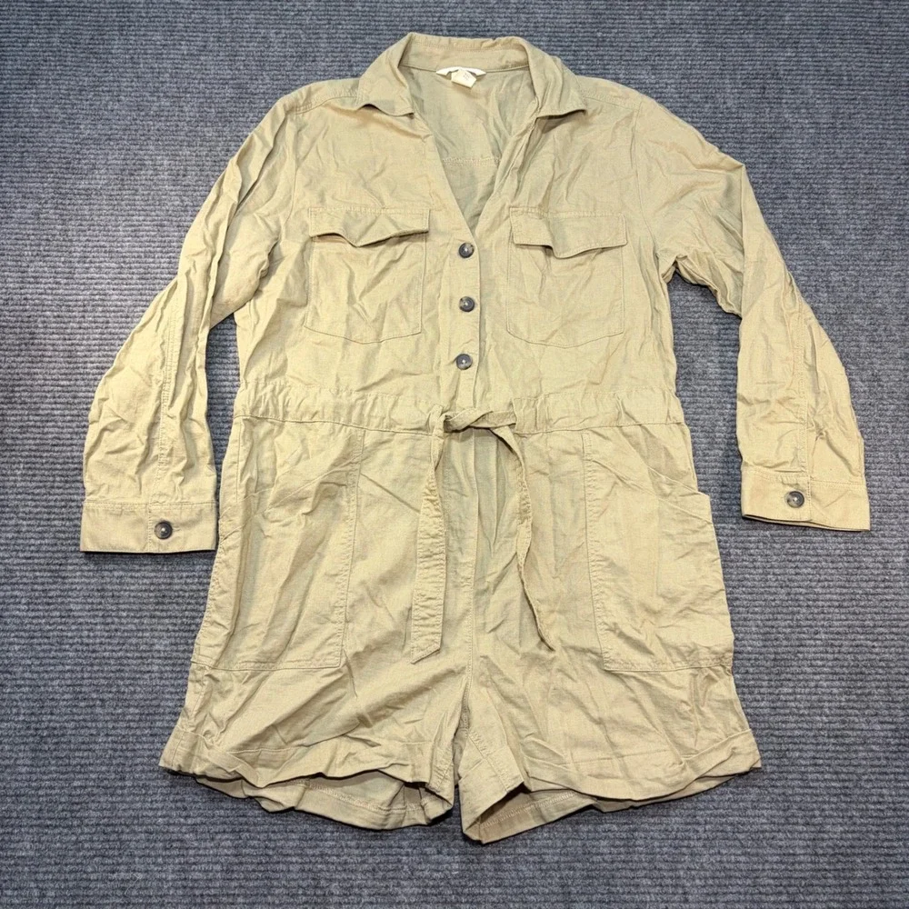HM Women Khaki Tan Linen Blend Utility Romper Long Sleeve Button Up Size M